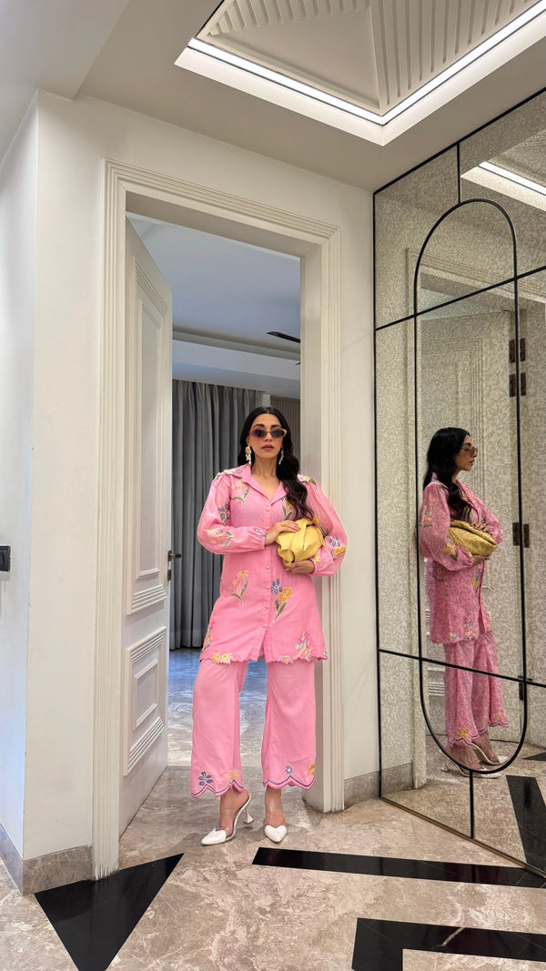 Primrose Pink Embroidered Floral Co-Ord Set