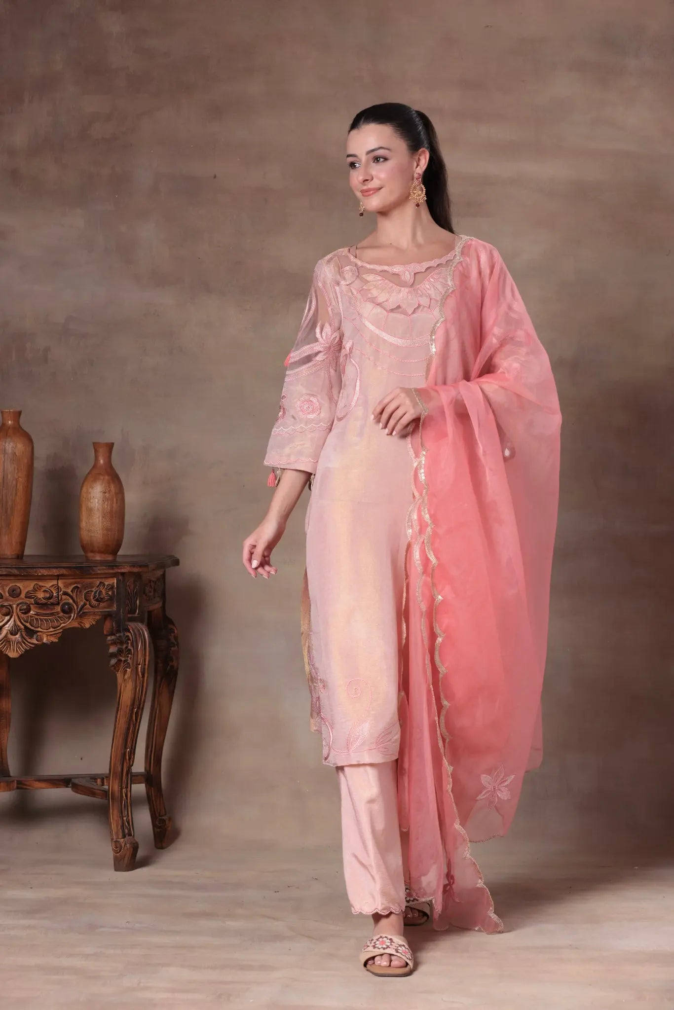 Peach Organza Illusion Yoke Suit