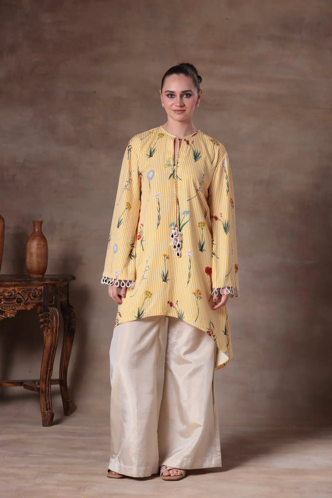 The Yellow Striped Floral High-Low Set