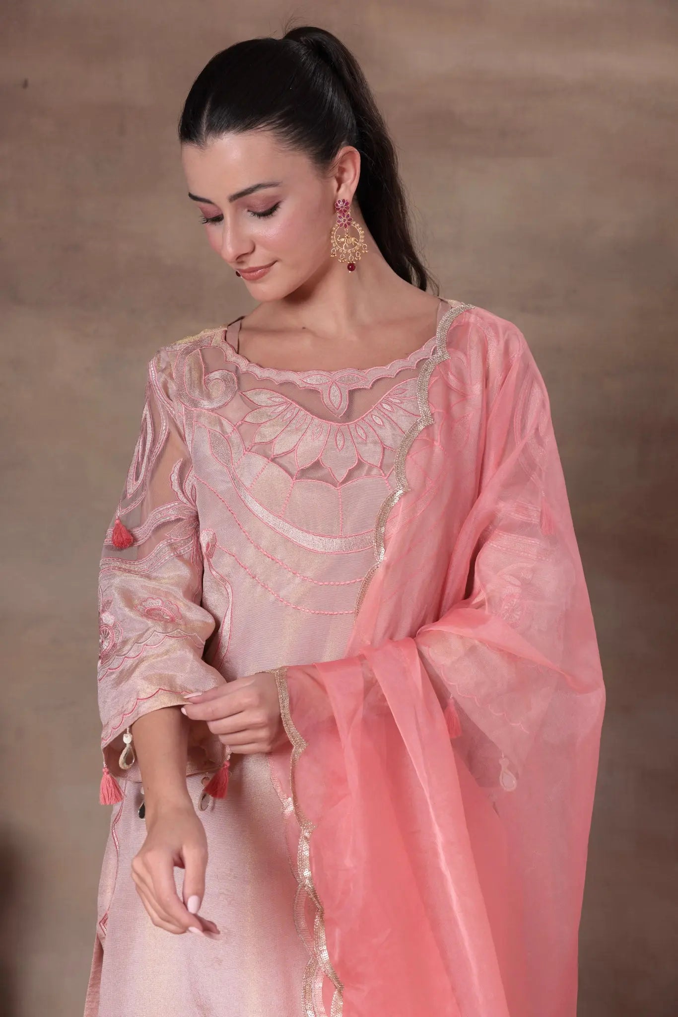 Peach Organza Illusion Yoke Suit
