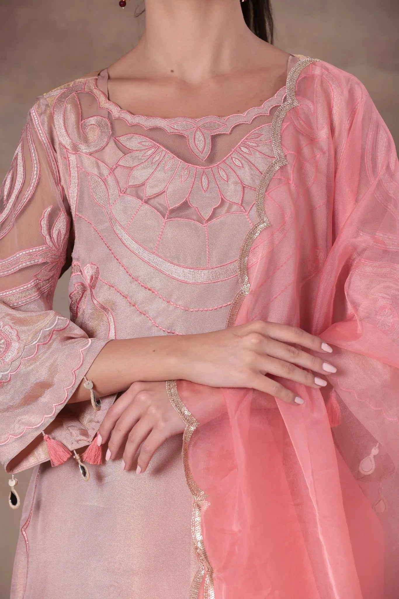 Peach Organza Illusion Yoke Suit