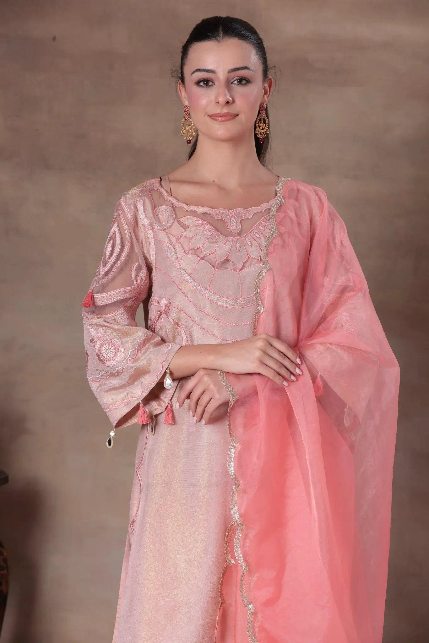 Peach Organza Illusion Yoke Suit
