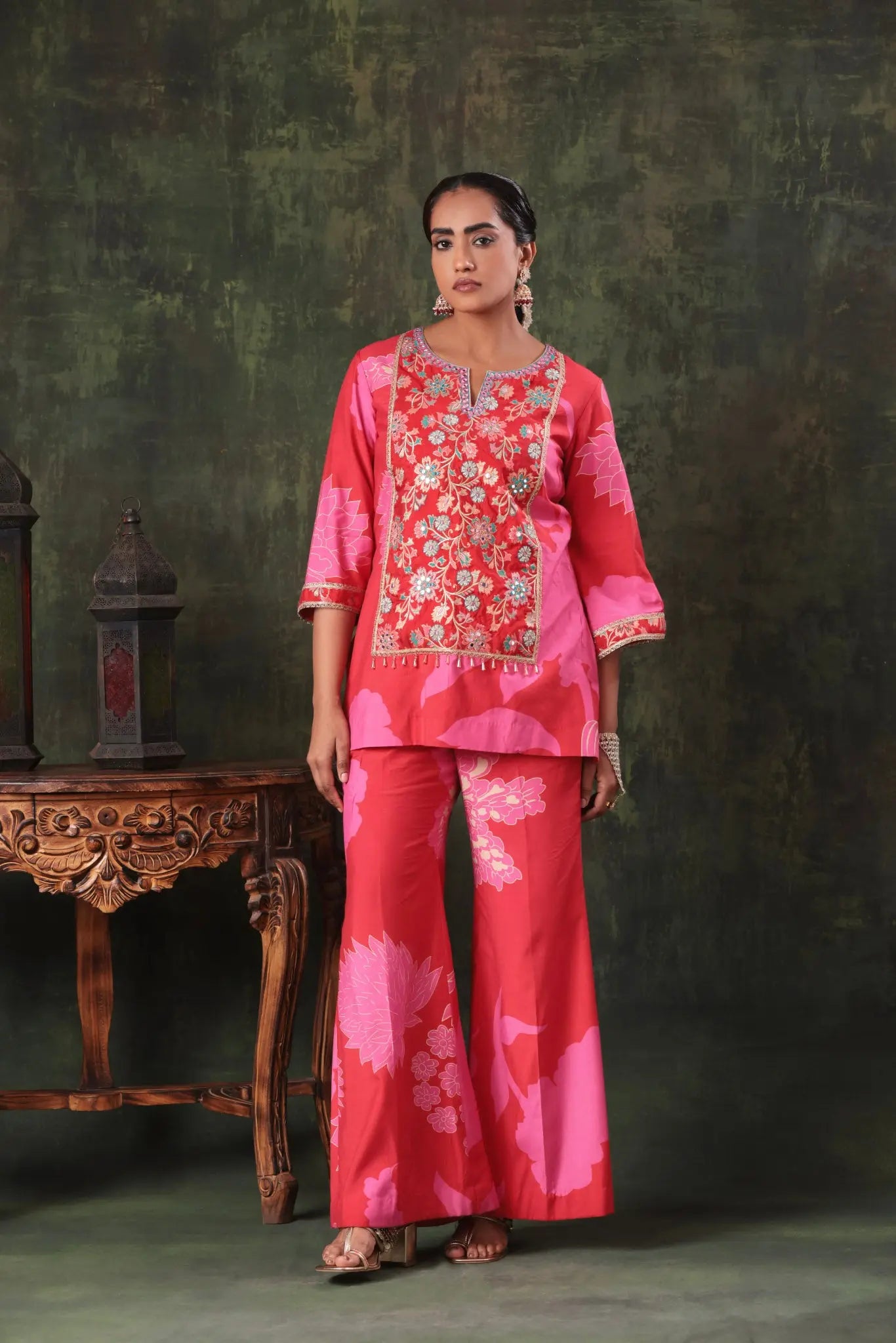 The Strawberry Red Floral Yoke Set Arzoo Essentials