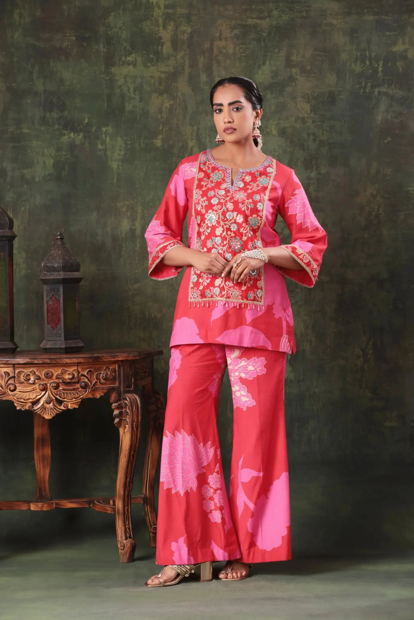 The Strawberry Red Floral Yoke Set Arzoo Essentials