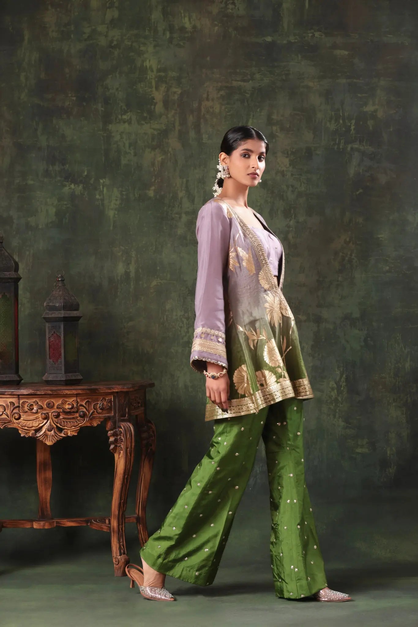 The Lavender-Olive Ombre Silk Set Arzoo Essentials