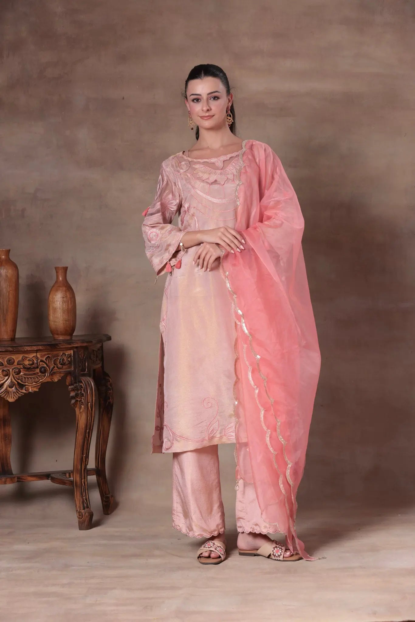 Peach Organza Illusion Yoke Suit