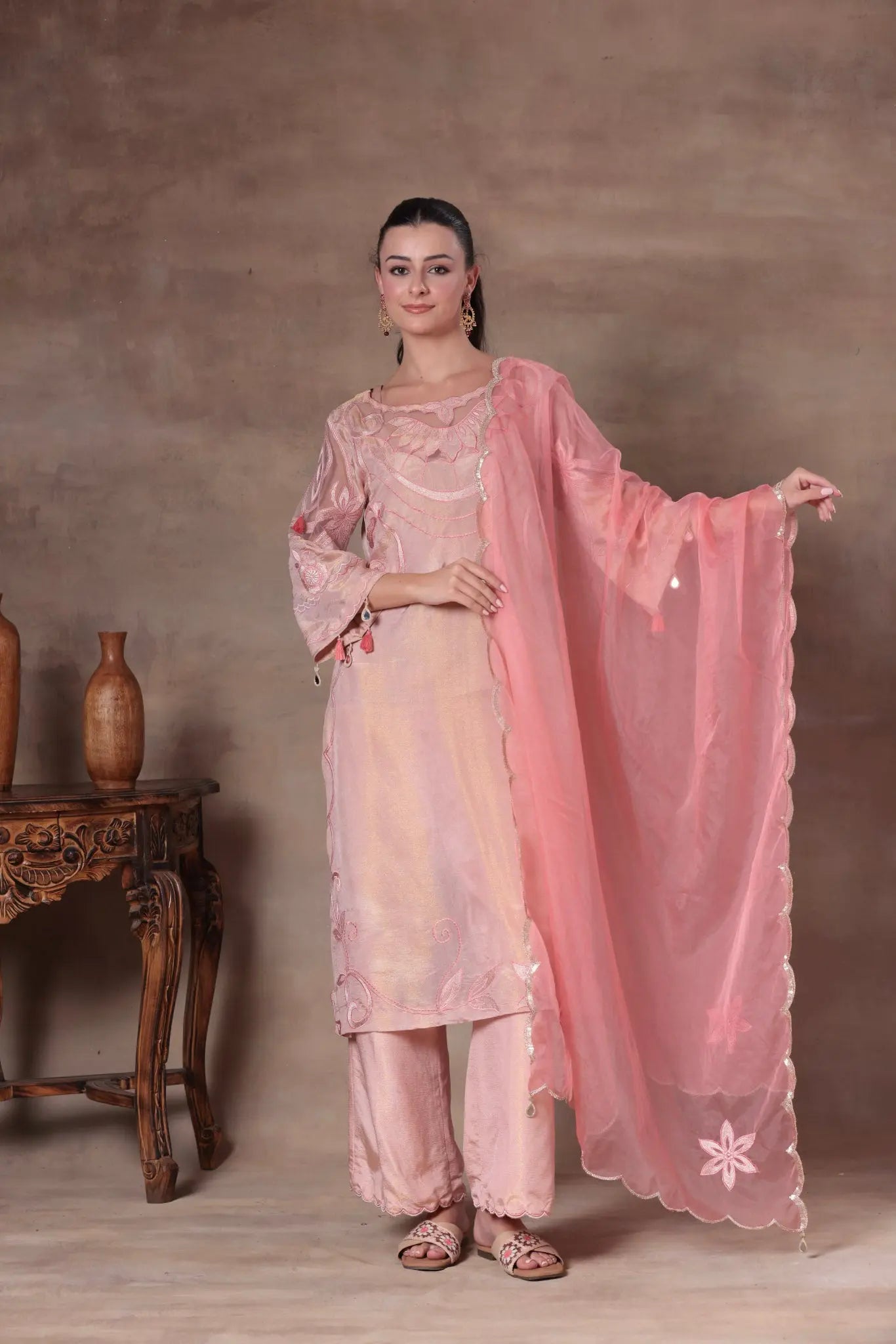 Peach Organza Illusion Yoke Suit