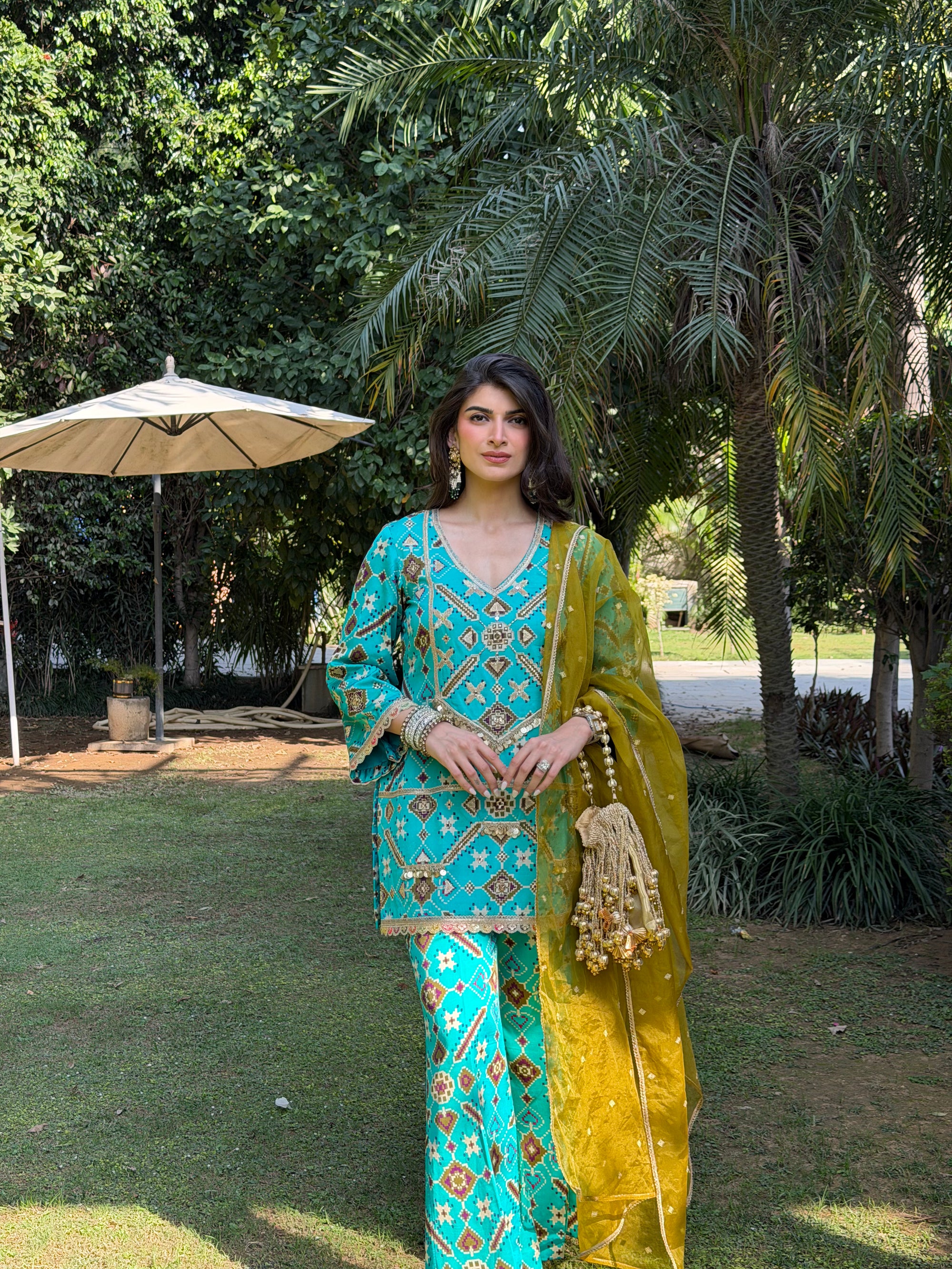 Teal Mirage Flared Satin Set
