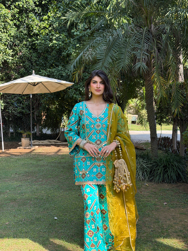 Teal Mirage Flared Satin Set