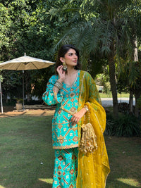 Teal Mirage Flared Satin Set