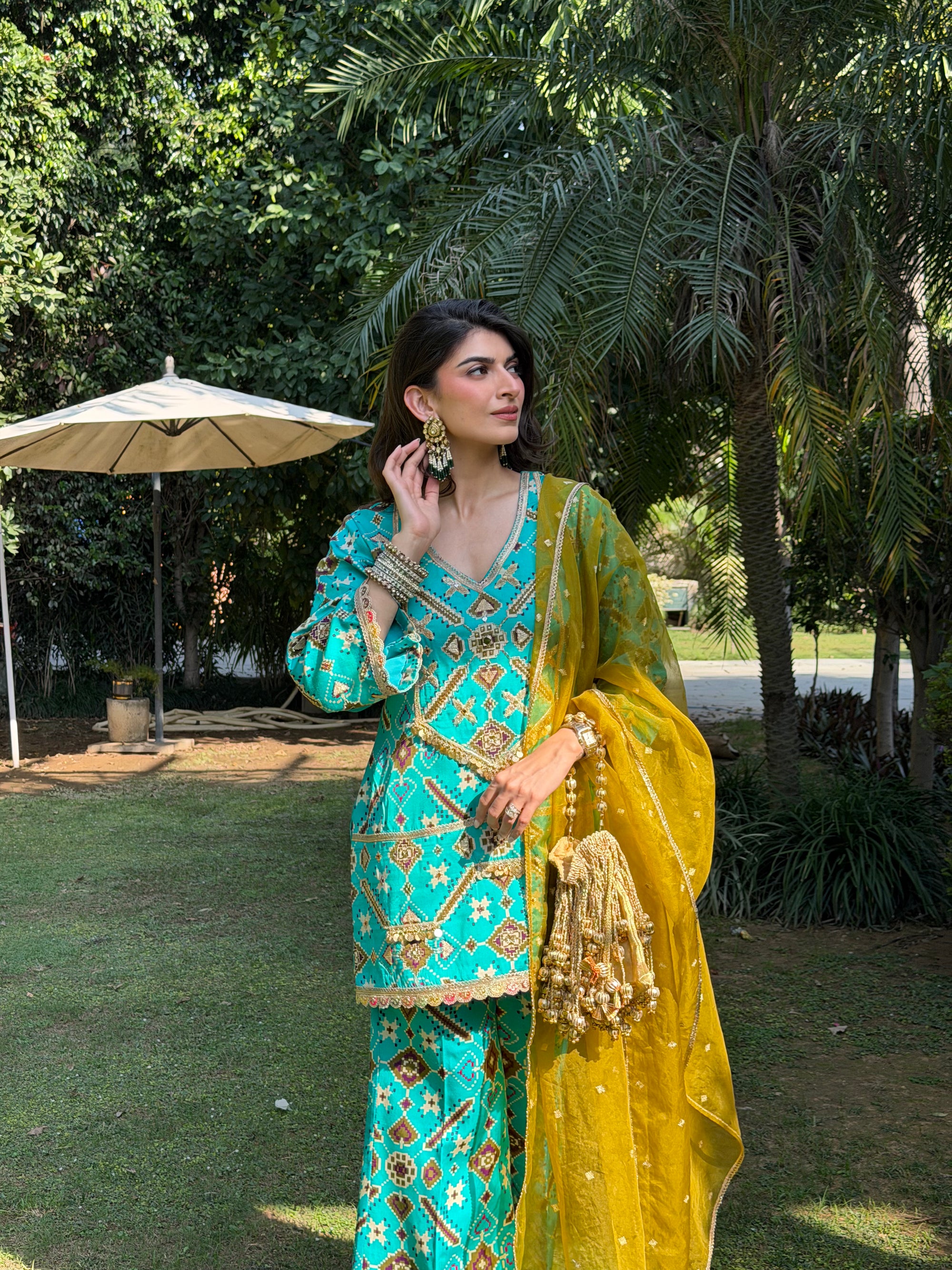 Teal Mirage Flared Satin Set