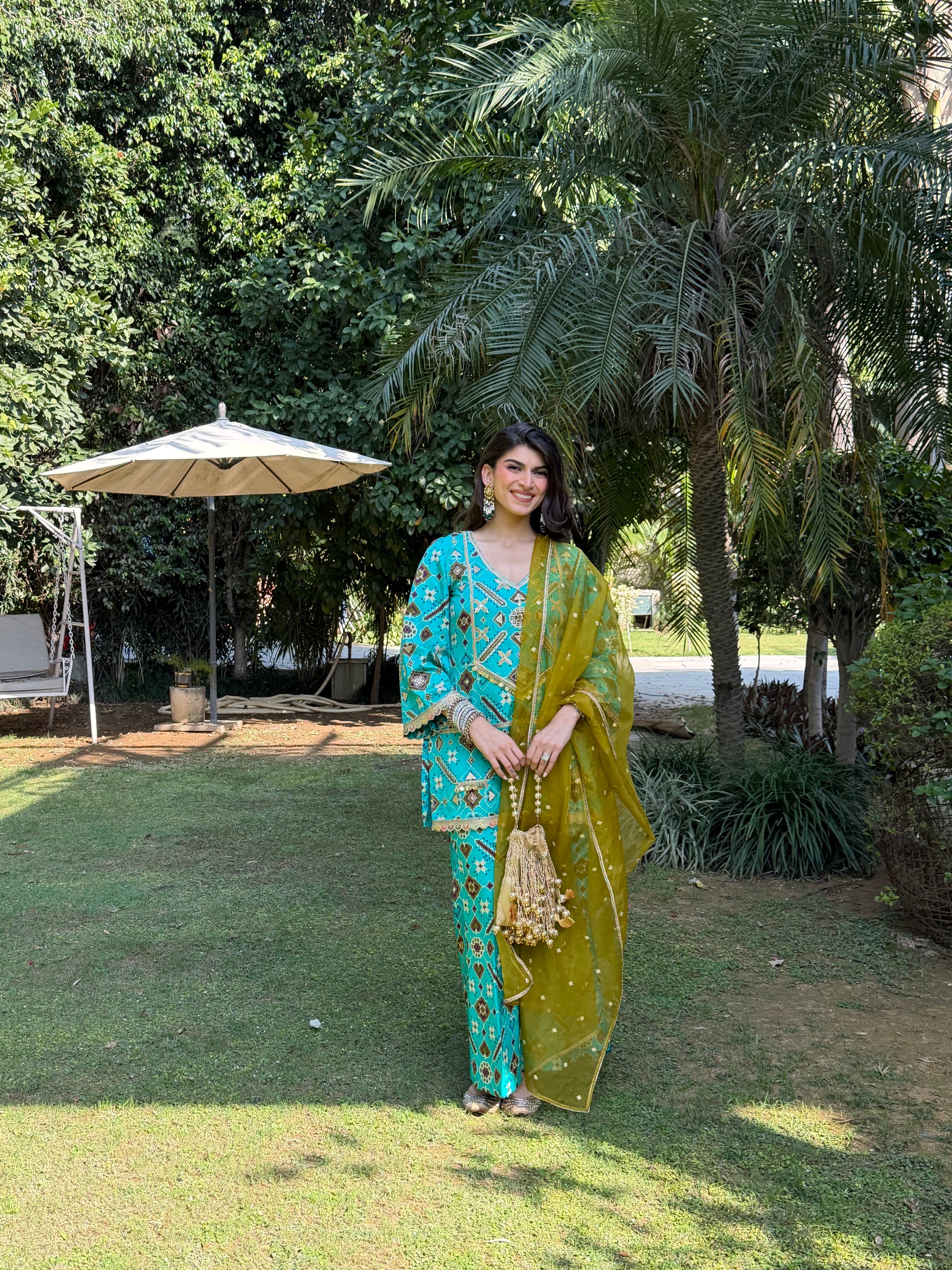 Teal Mirage Flared Satin Set