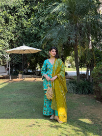 Teal Mirage Flared Satin Set