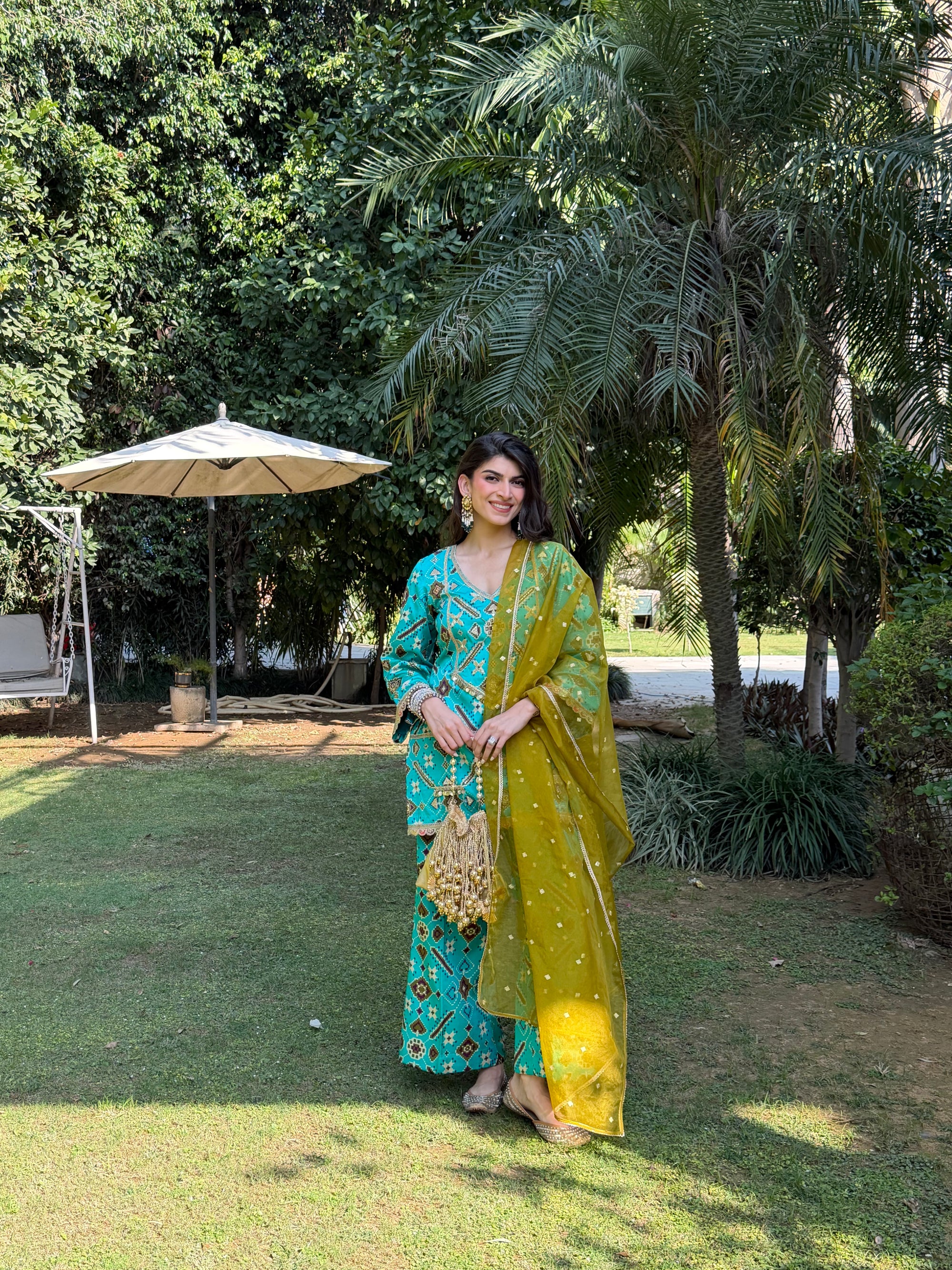 Teal Mirage Flared Satin Set