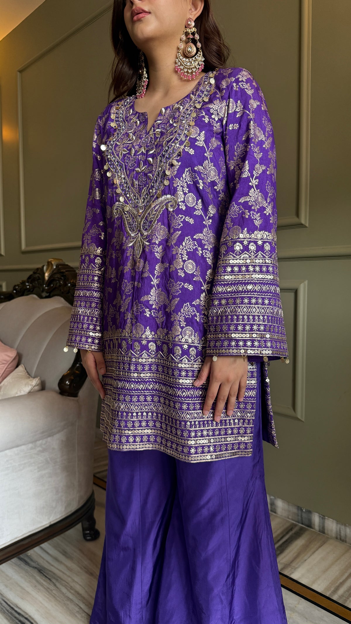 Afreen Purple Metallic Brocade Kurta Set with Organza Dupatta