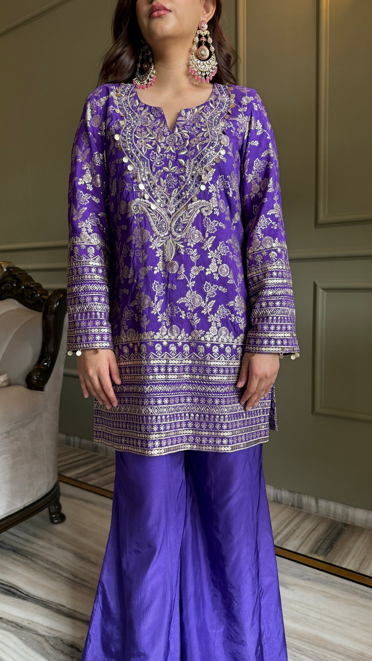Afreen Purple Metallic Brocade Kurta Set with Organza Dupatta