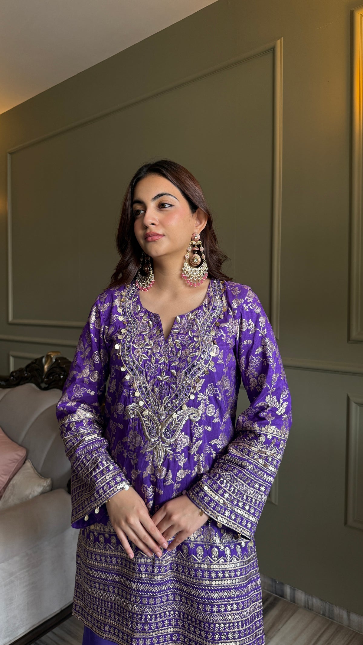 Afreen Purple Metallic Brocade Kurta Set with Organza Dupatta