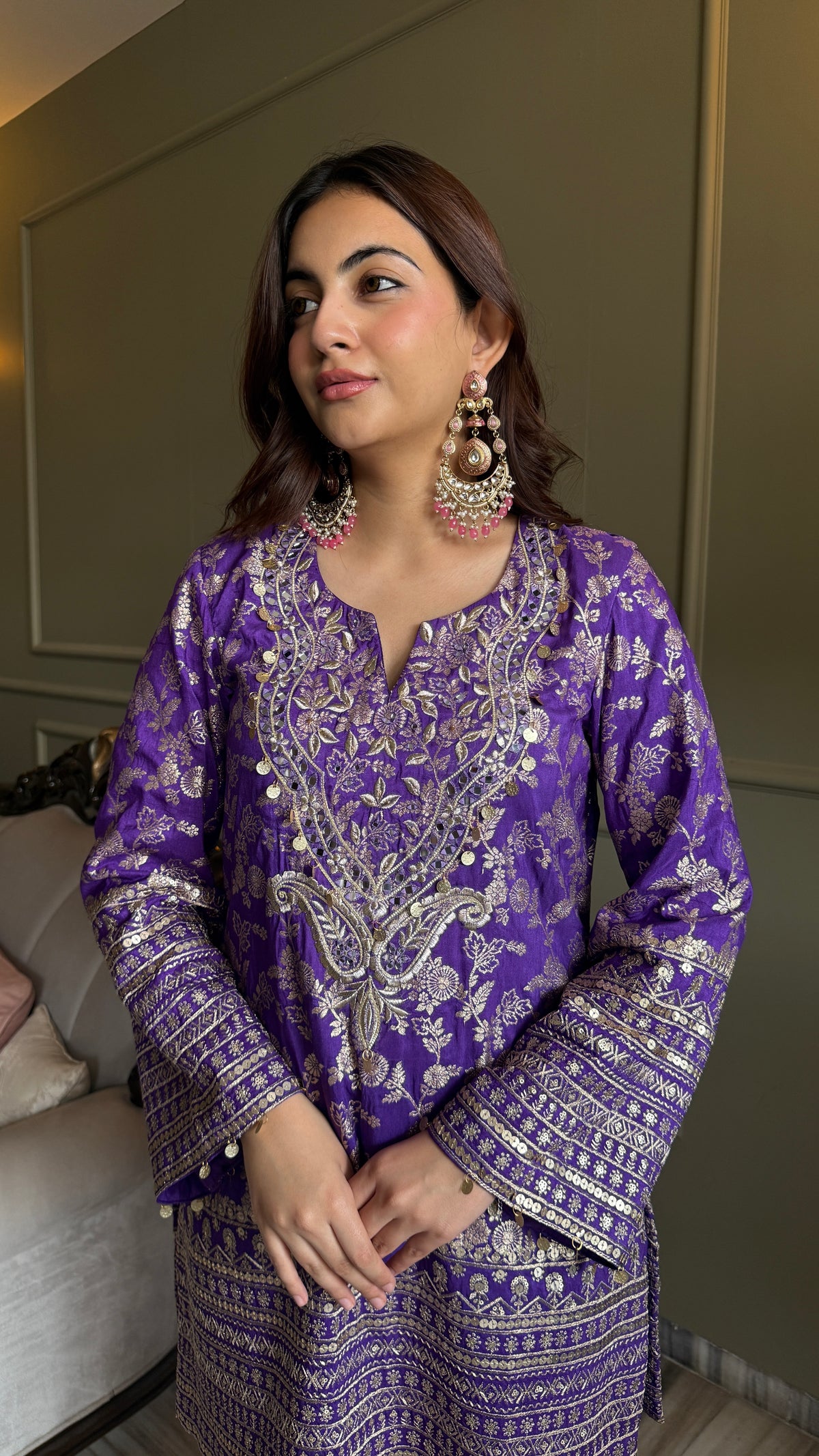 Afreen Purple Metallic Brocade Kurta Set with Organza Dupatta