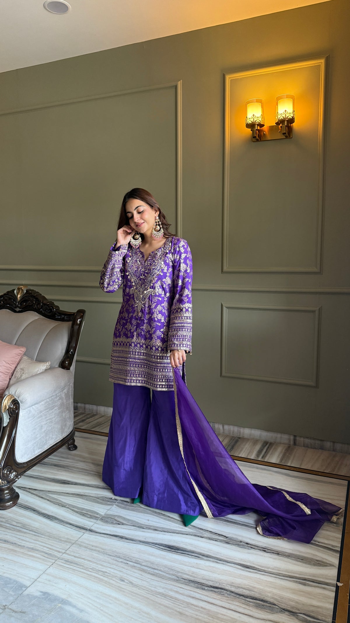 Afreen Purple Metallic Brocade Kurta Set with Organza Dupatta