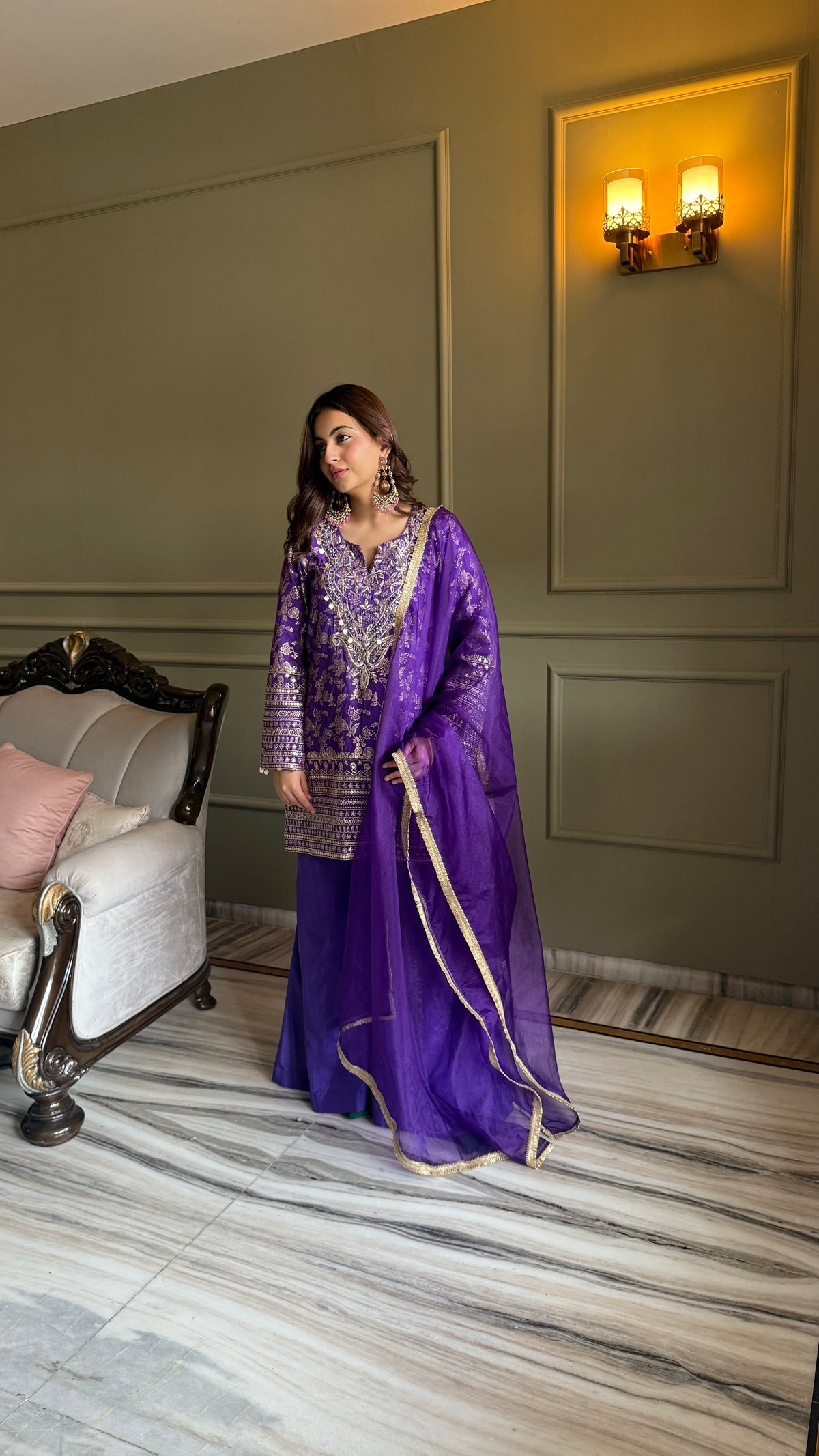 Afreen Purple Metallic Brocade Kurta Set with Organza Dupatta