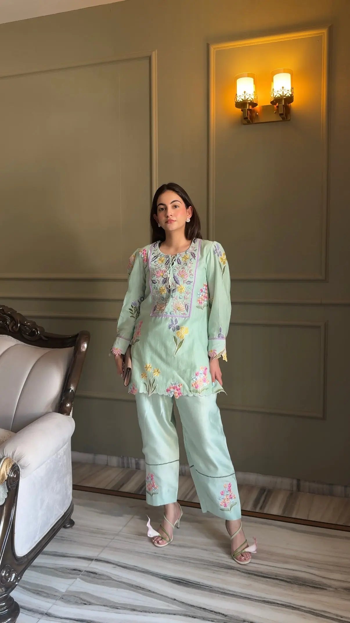 Mint Gardenia Embroidered Set