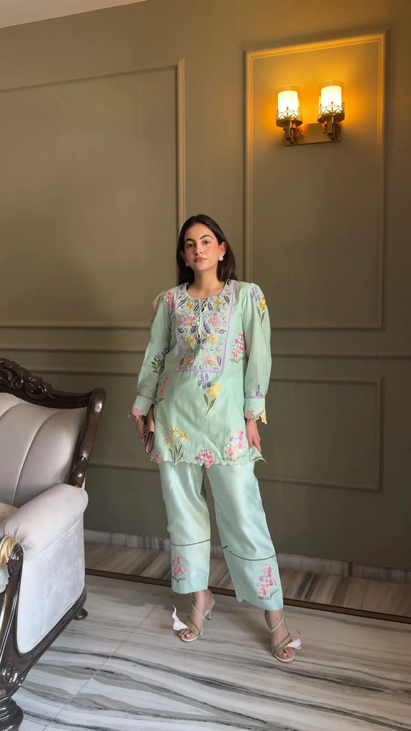 Mint Gardenia Embroidered Set