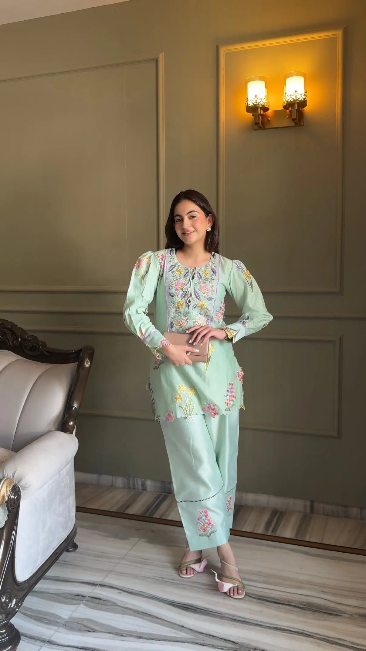 Mint Gardenia Embroidered Set