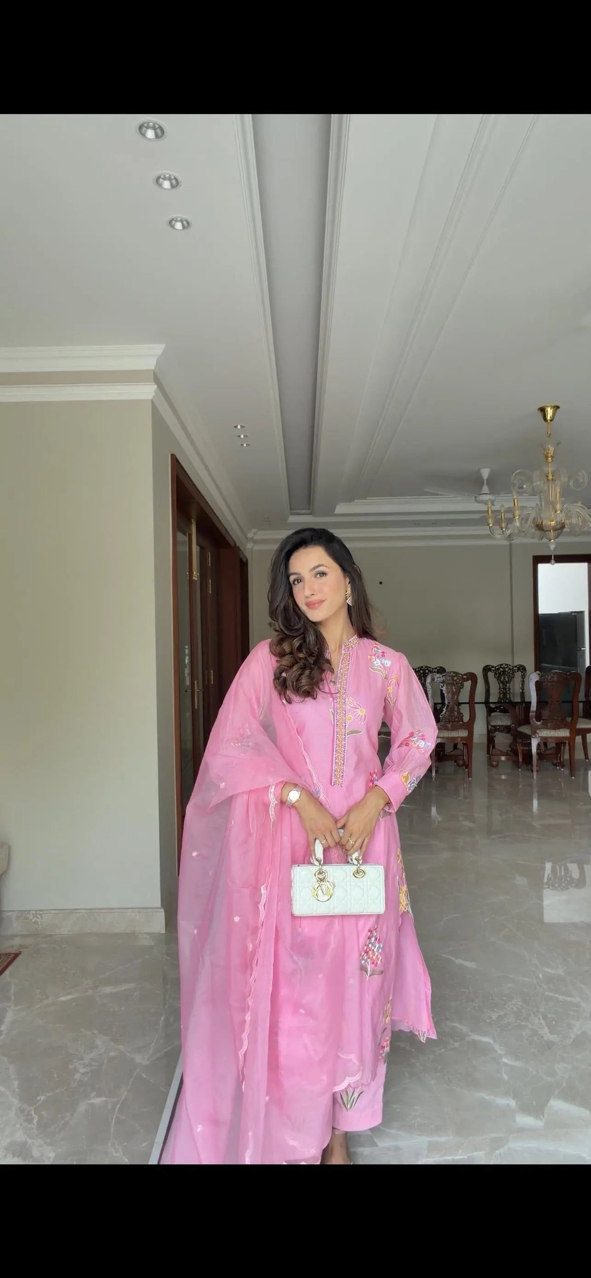 Candy Pink Floral Embroidered Kurta Pant Set with Scalloped Dupatta - Arzoo Essentials