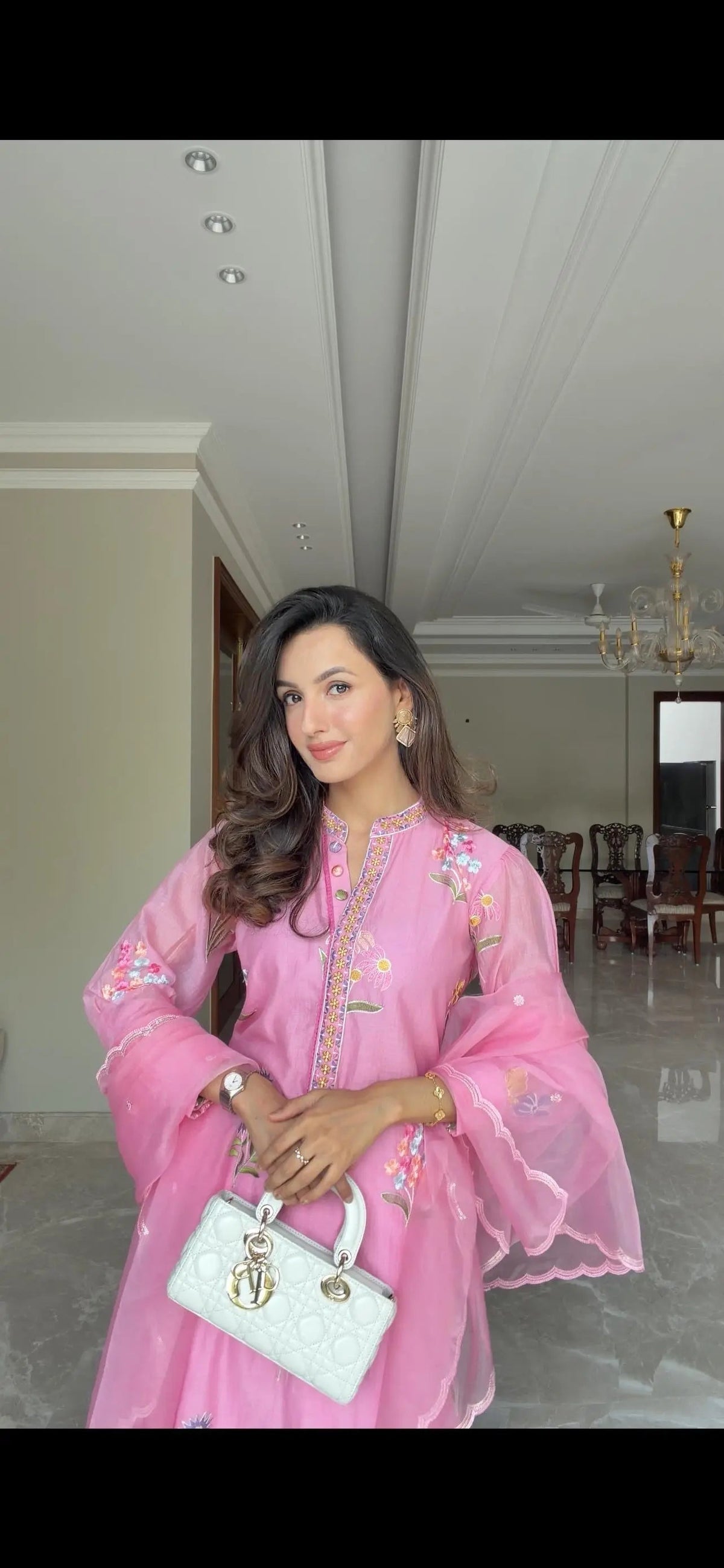 Candy Pink Floral Embroidered Kurta Pant Set with Scalloped Dupatta - Arzoo Essentials