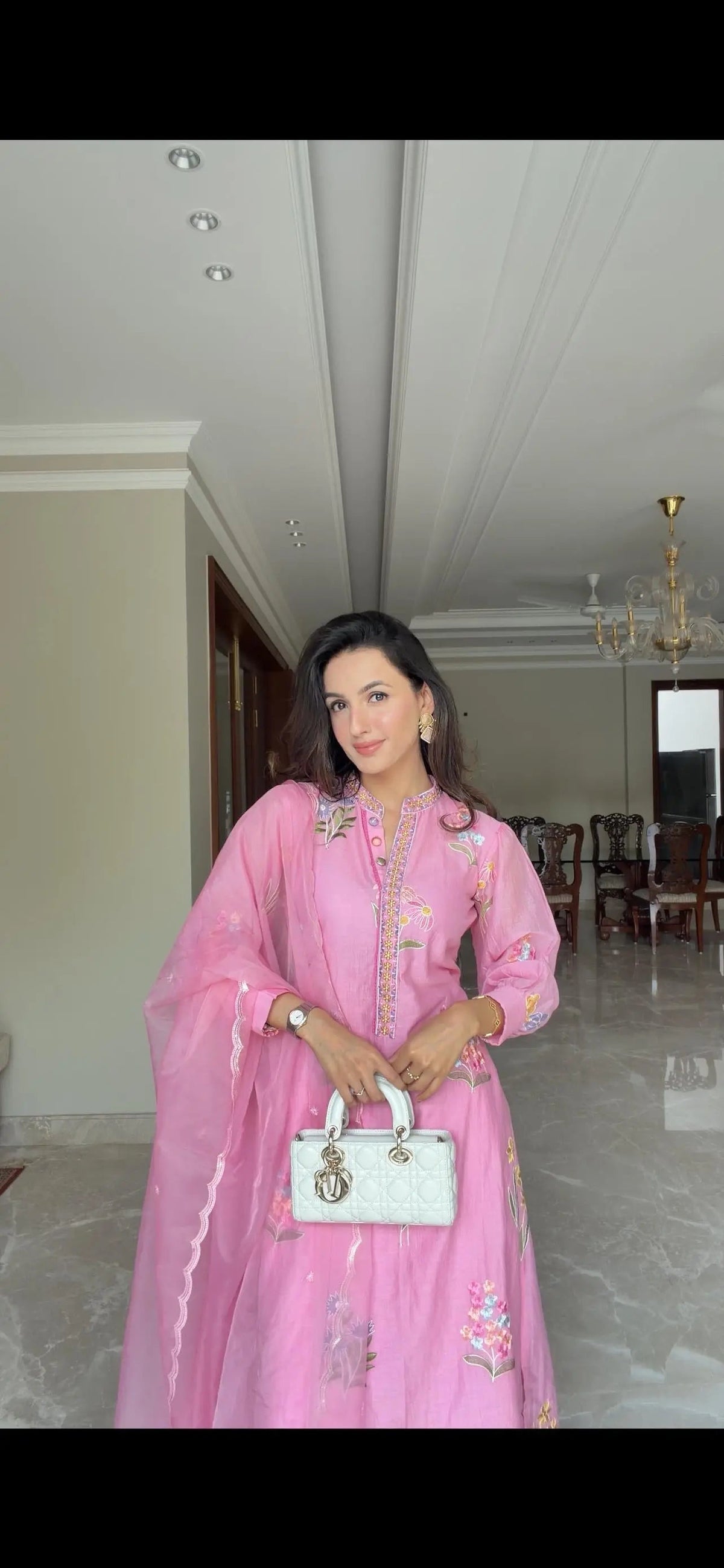 Candy Pink Floral Embroidered Kurta Pant Set with Scalloped Dupatta - Arzoo Essentials