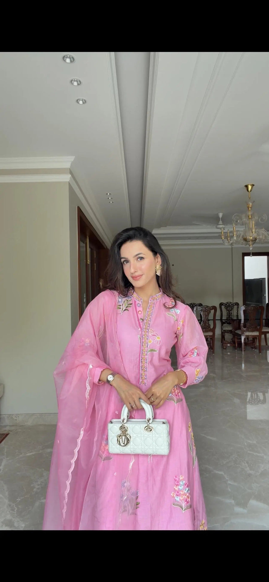 Candy Pink Floral Embroidered Kurta Pant Set with Scalloped Dupatta - Image 3