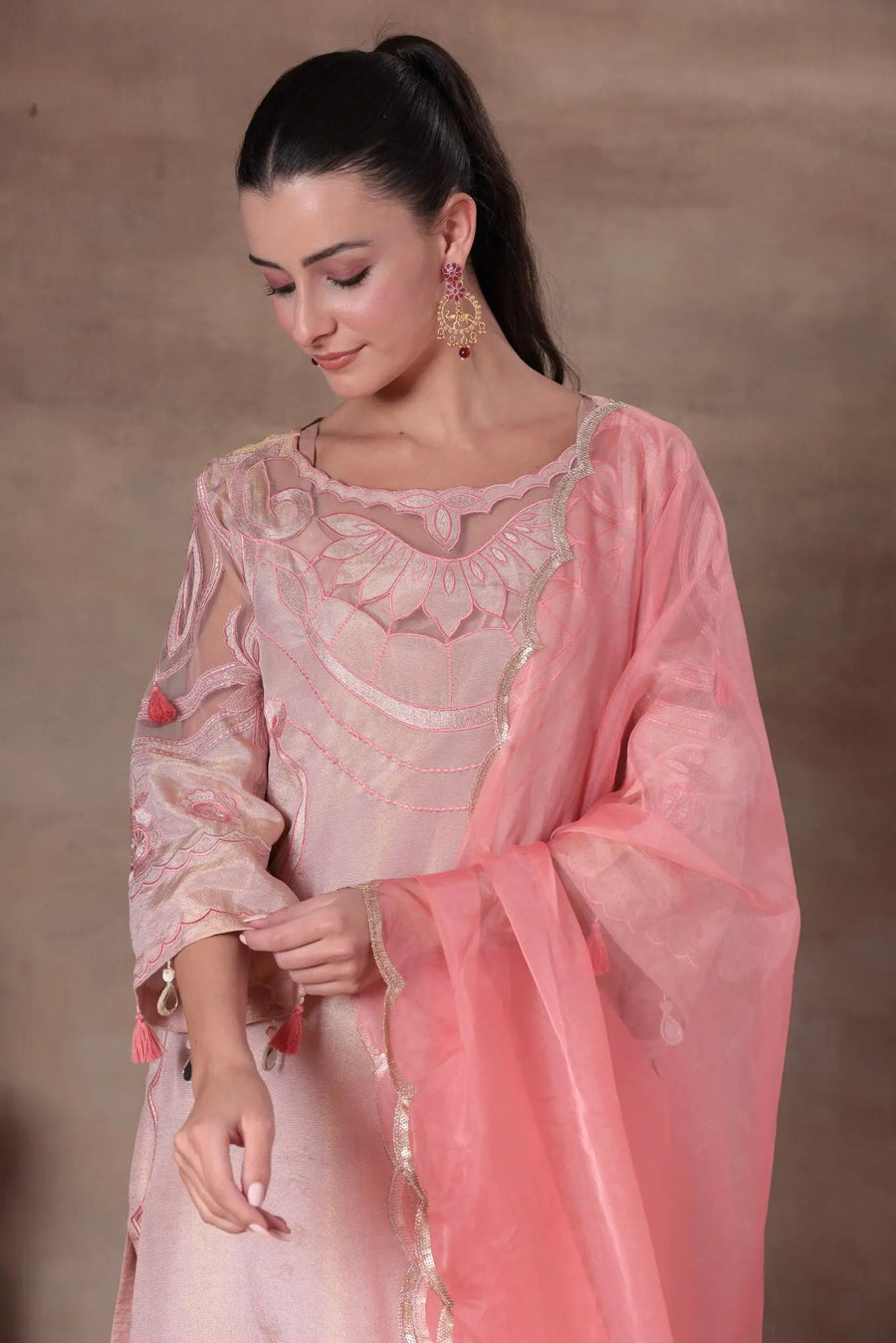 Peach Organza Illusion Yoke Suit - Image 5