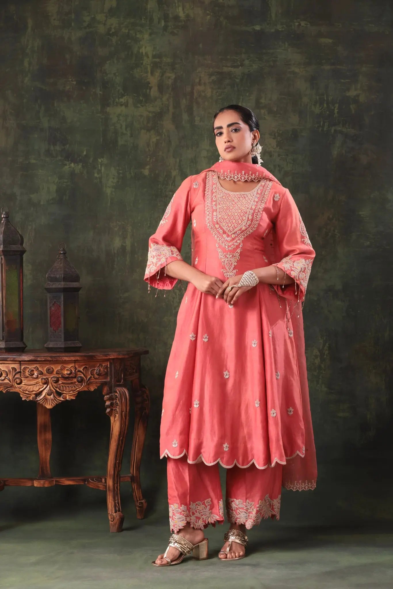 The Coral Pink Scallop Yoke Set - Arzoo Essentials