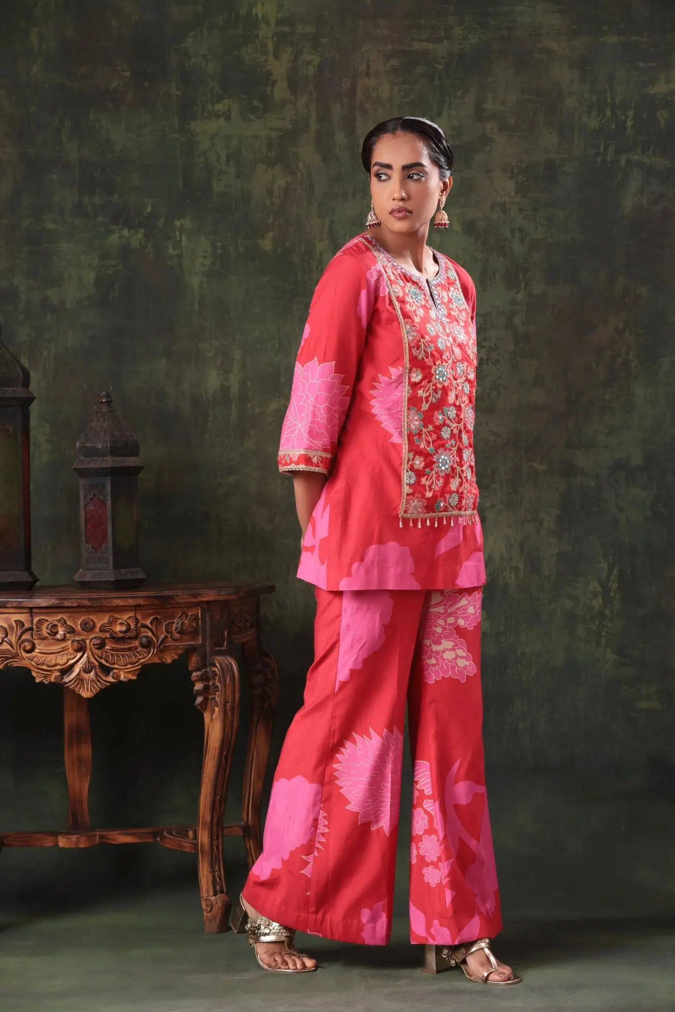 The Strawberry Red Floral Yoke Set - Arzoo Essentials