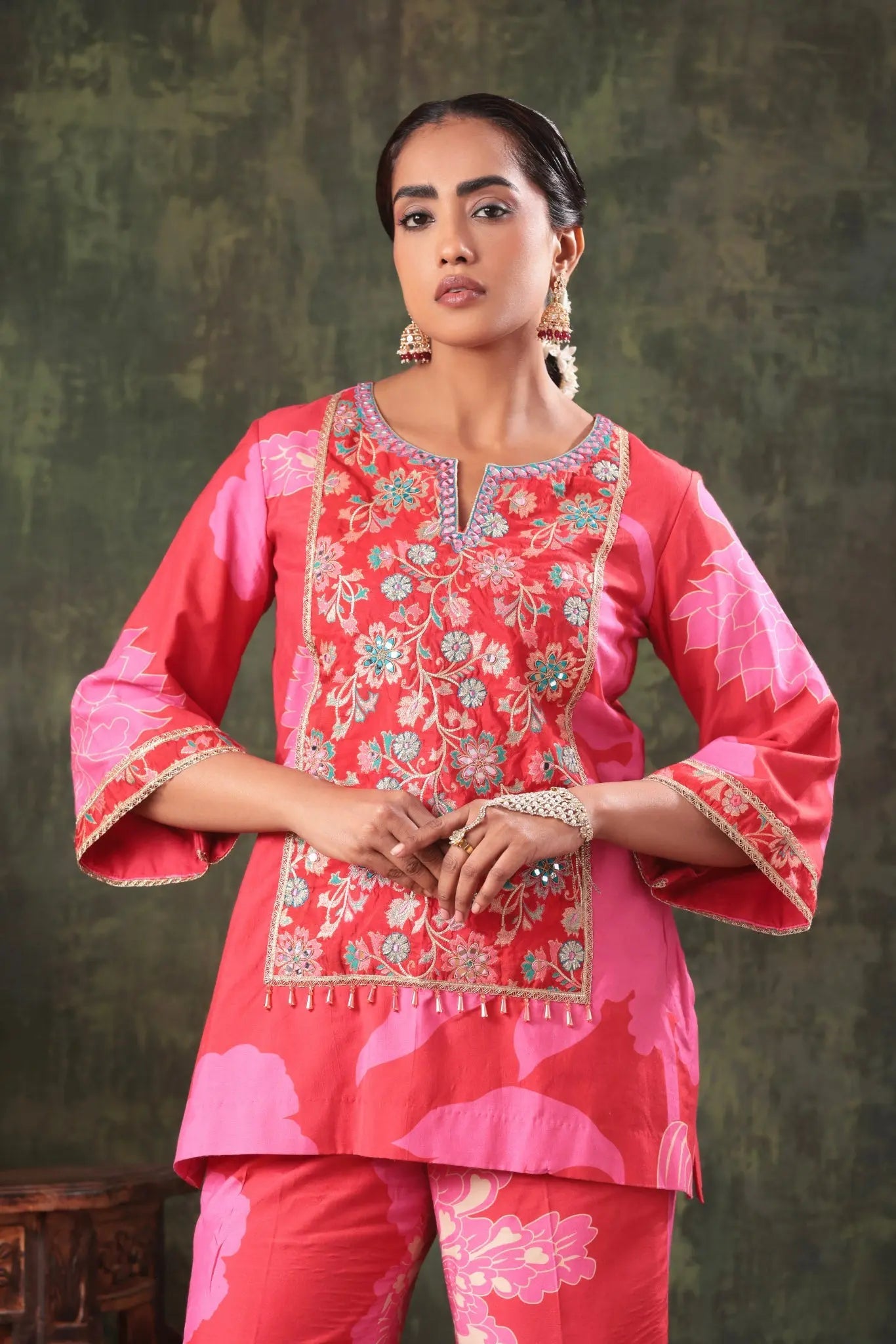 The Strawberry Red Floral Yoke Set - Arzoo Essentials