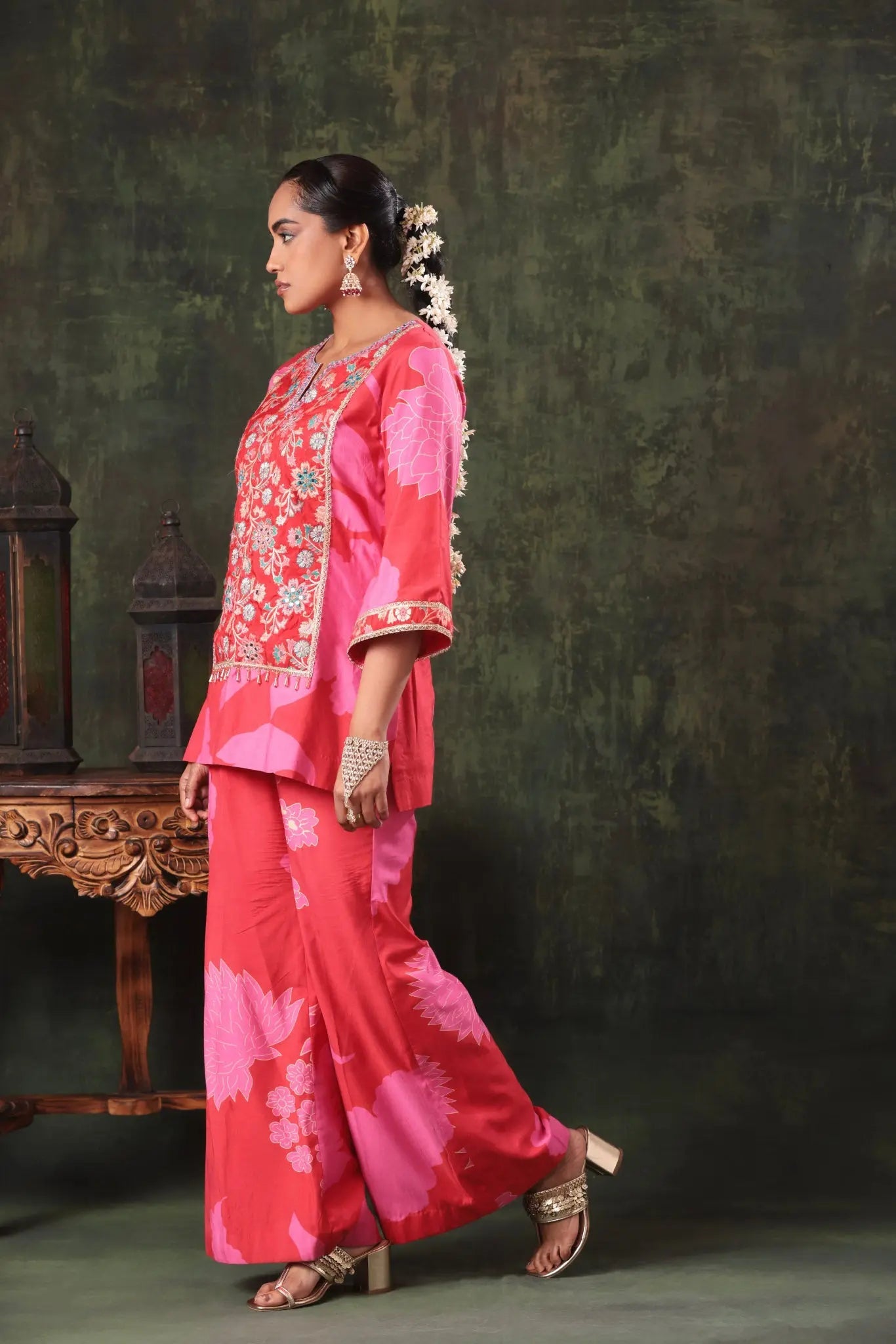 The Strawberry Red Floral Yoke Set - Arzoo Essentials